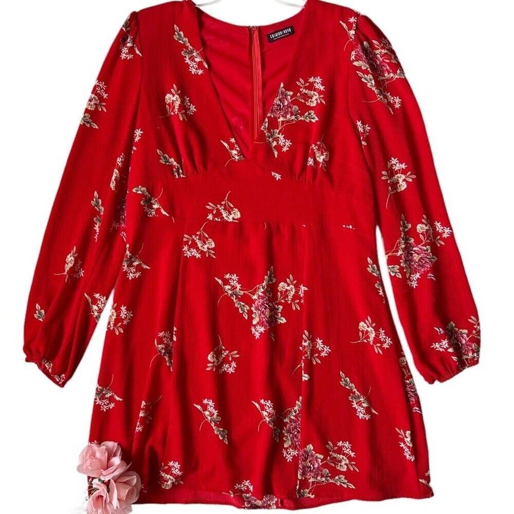 Fashion Nova Land of Make Believe Floral Flare Dress Plus Size 2X Red - Picture 4 of 12